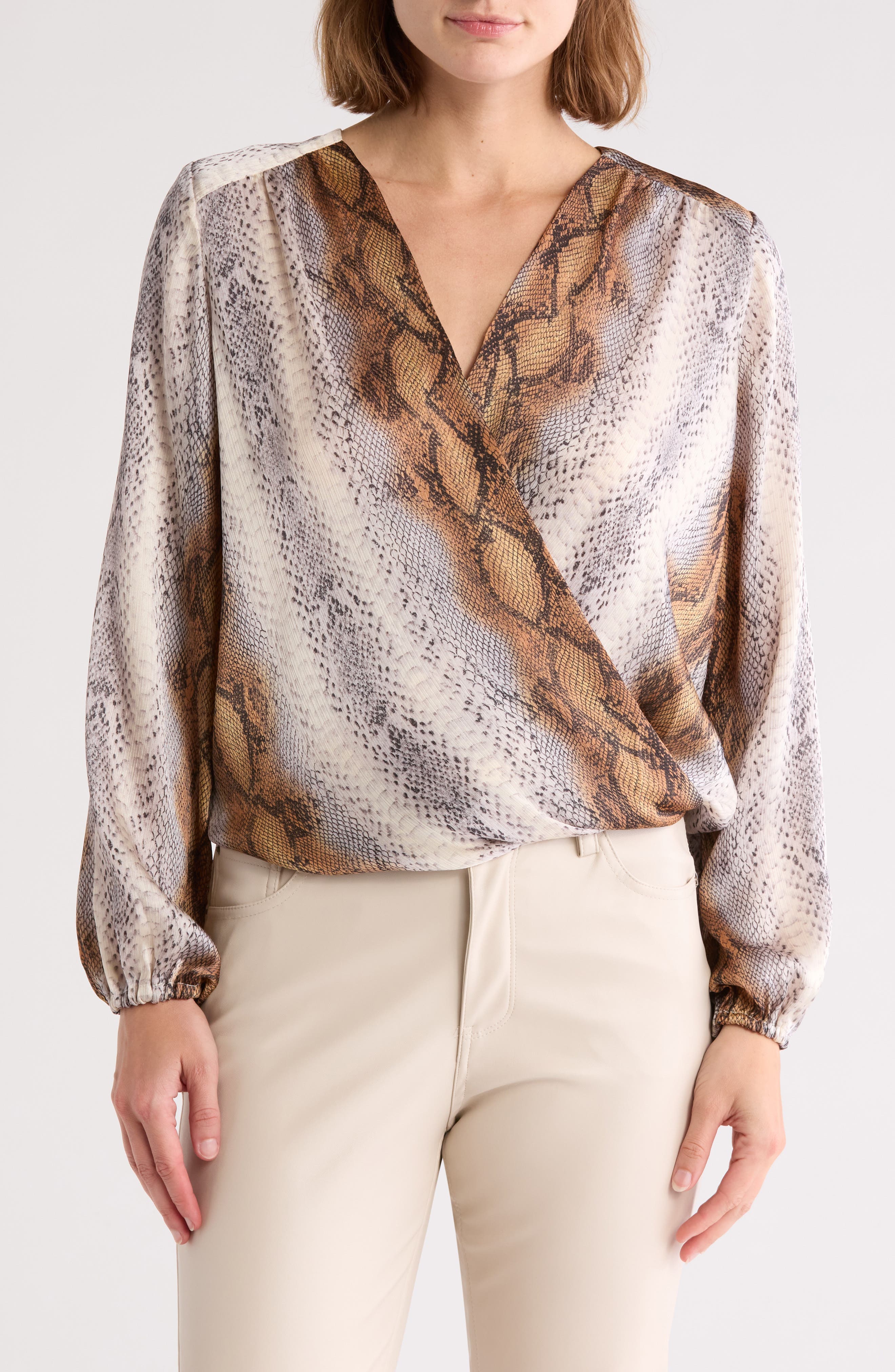 T Tahari Long Sleeve Faux Wrap Blouse