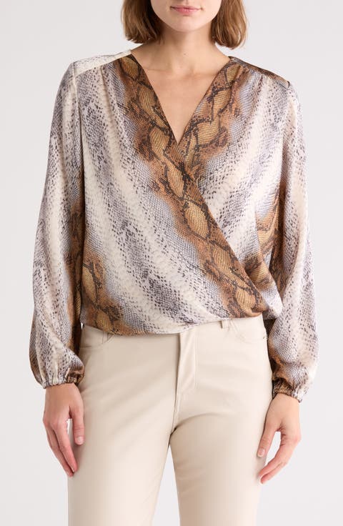 Long Sleeve Faux Wrap Blouse