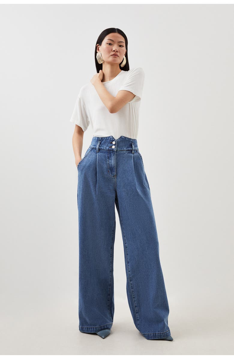 Karen Millen Petite Denim Wide Leg Pants, Alternate, color, Mid Blue