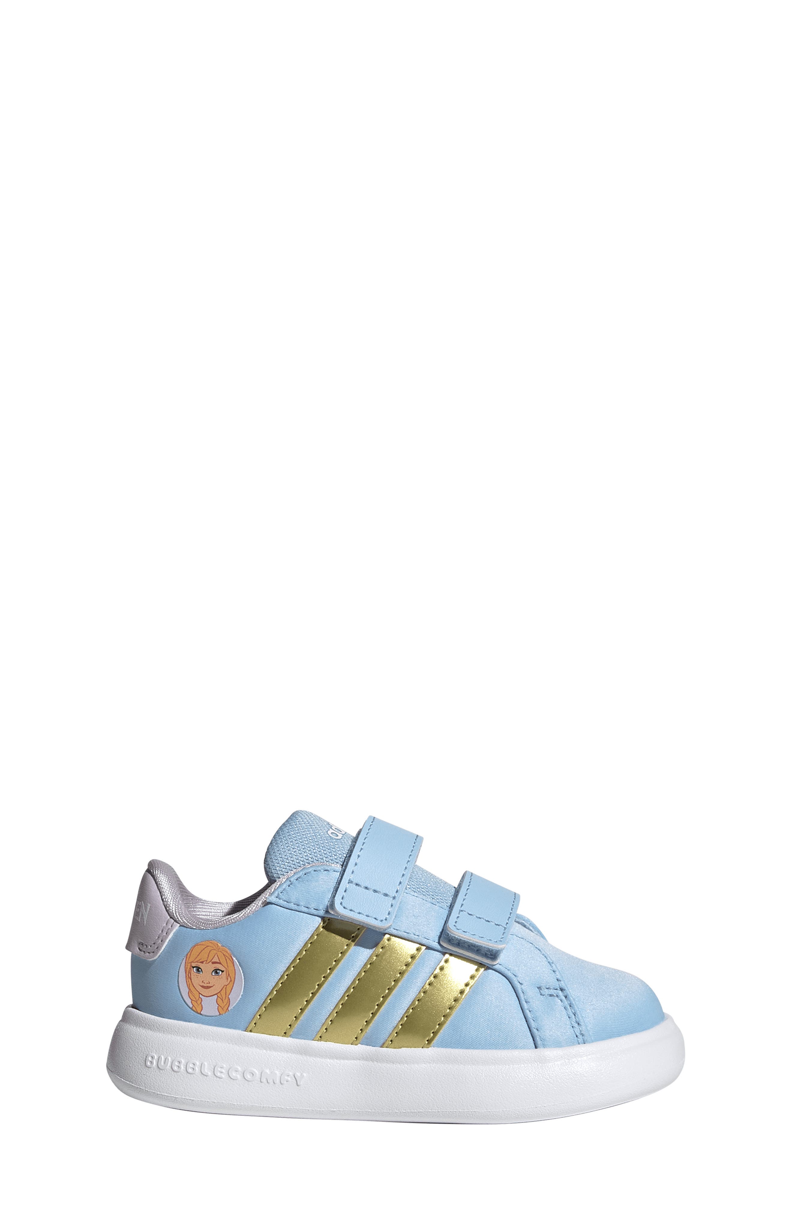 adidas x Disney<sup>®</sup> Kids' Grand Court Anna Sneaker, Alternate, color, Glow Blue/ Gold / Lavender