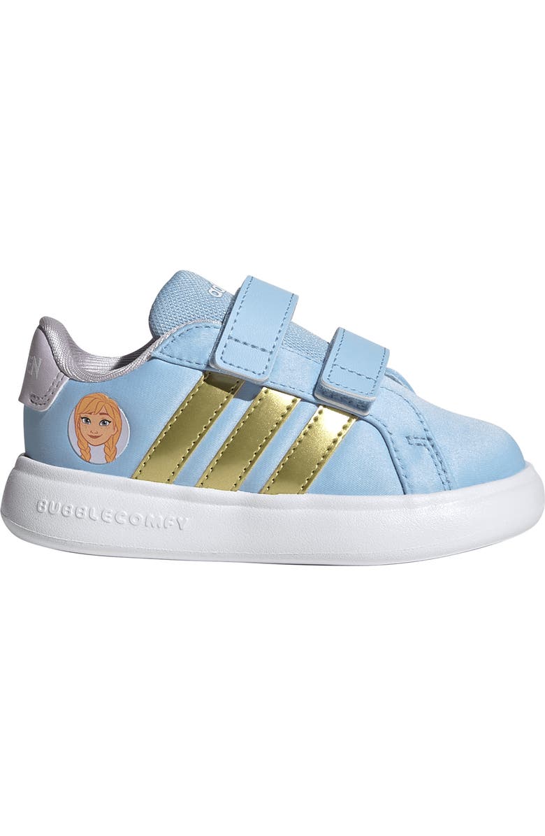 adidas x Disney<sup>®</sup> Kids' Grand Court Anna Sneaker, Alternate, color, Glow Blue/ Gold / Lavender