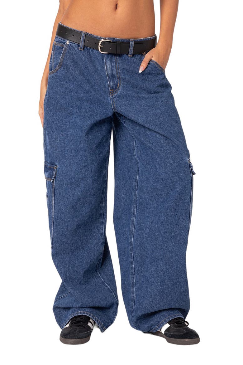 Low Rise Baggy Belted Cargo Jeans, Main, color, BLUE-WASHED