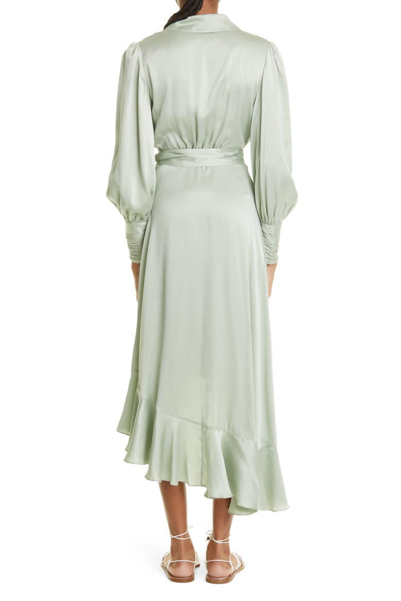 Dancer Asymmetric Ruffle Silk Midi Wrap Dress, Alternate, color, SAGE