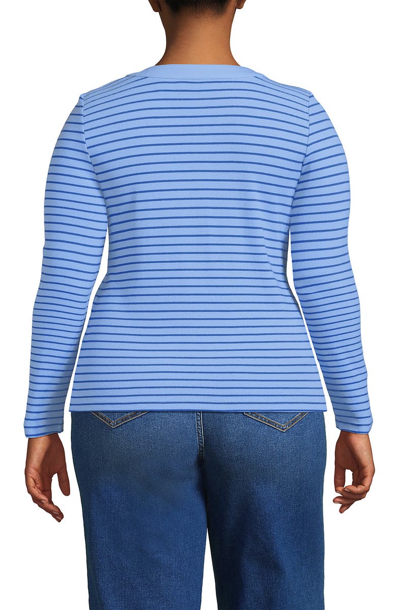 Lands
 End Plus Size Drapey Rib Fitted Long Sleeve Henley T-Shirt, Alternate, color, Clear Blue Sky/Cobalt Stripe