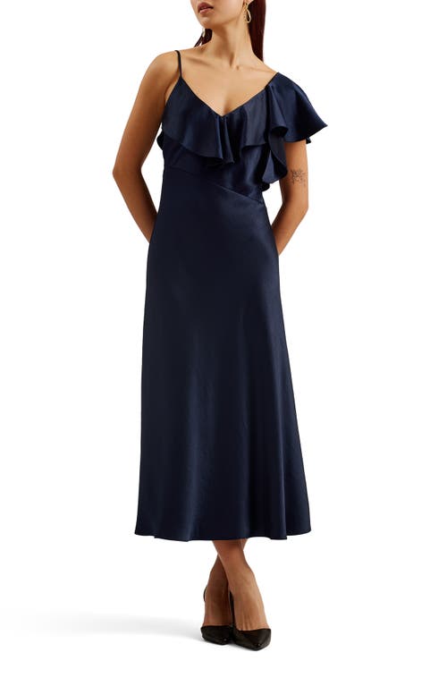 Ted Baker London Keomi Waterfall Ruffle Satin Midi Dress in Navy 