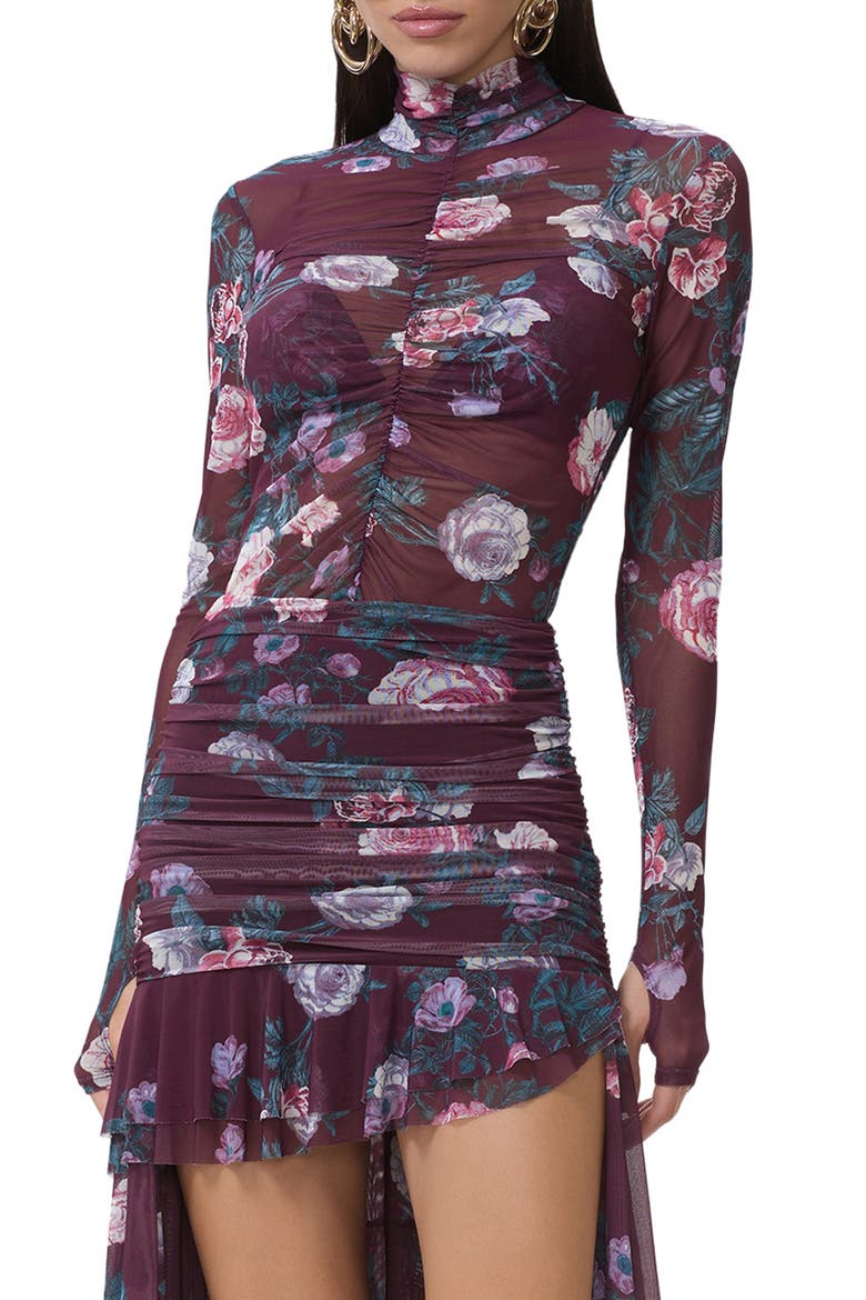 Rubi Ruched Sheer Mesh Top, Main, color, CABERNET BOUQUET