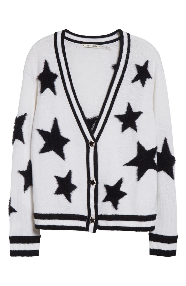 Alice + Olivia Bradley Intarsia Star & Stripe Trim Wool Blend Cardigan, Alternate, color, Ecru/ Black