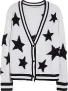Alice + Olivia Bradley Intarsia Star & Stripe Trim Wool Blend Cardigan