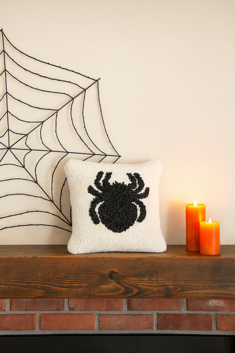 Spider Pattern Hooked Small Petite Halloween Accent Pillow 8" x 8", Alternate, color, White
