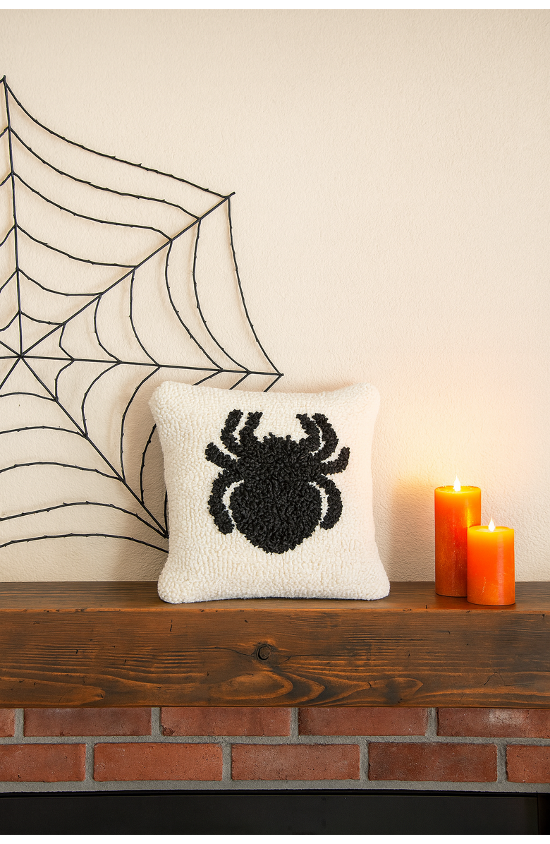 C&F Home Spider Pattern Hooked Small Petite Halloween Accent Pillow 8" x 8", Alternate, color, White