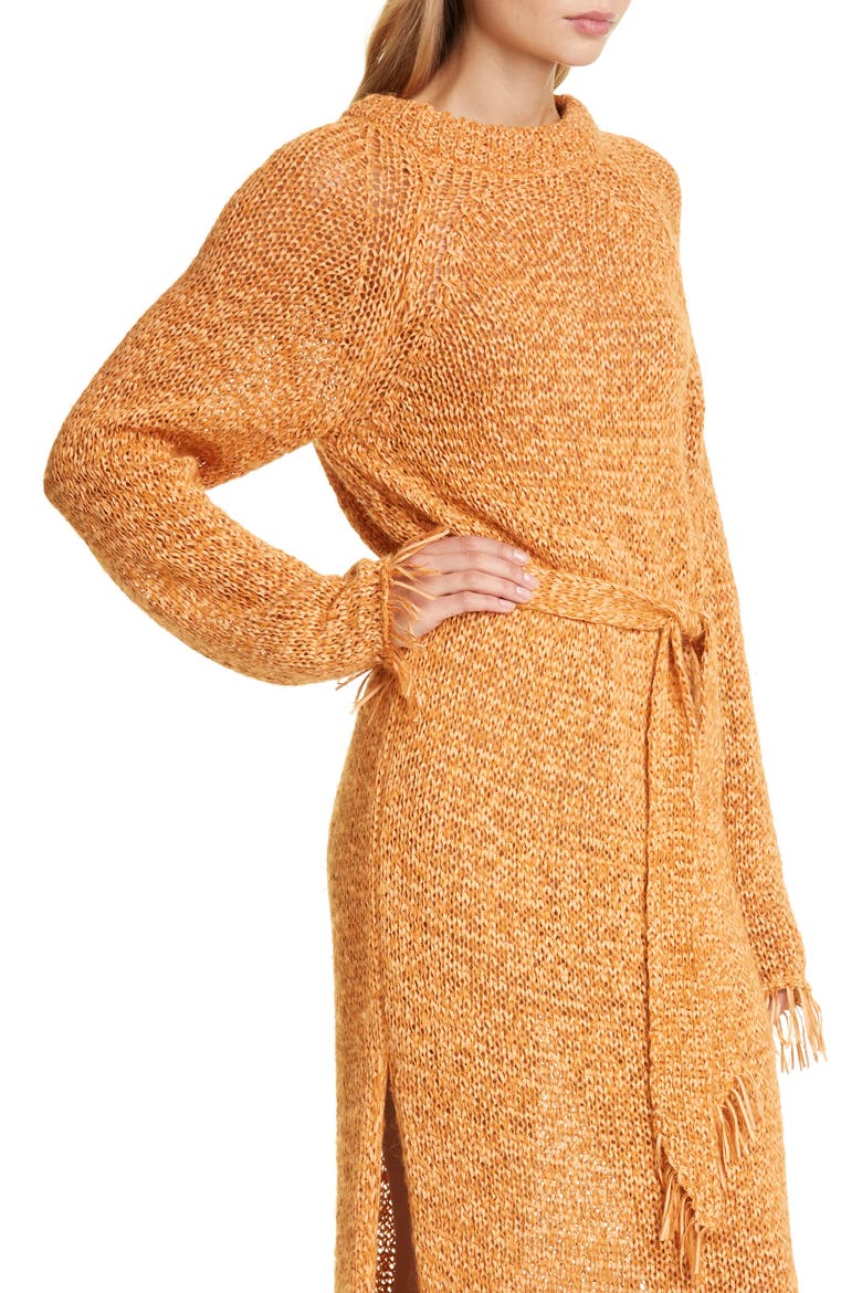 Kaiza Belted Long Sleeve Fringe Sweater Dress, Alternate, color, ORANGE