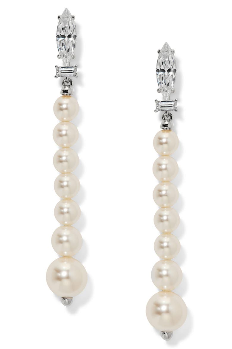 Undersea Cubic Zirconia & Imitation Pearl Linear Drop Earrings, Main, color, RHODIUM
