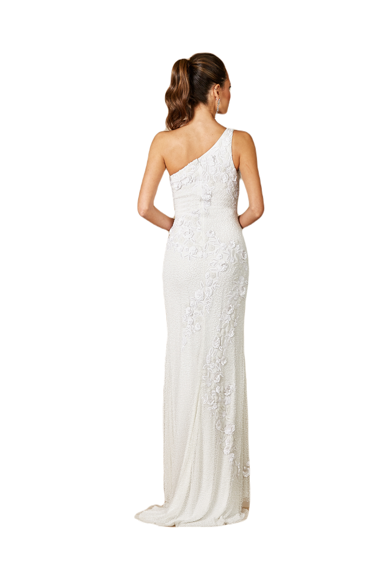 Fleur One Shoulder Floral Beaded Wedding Gown, Alternate, color, Ivory