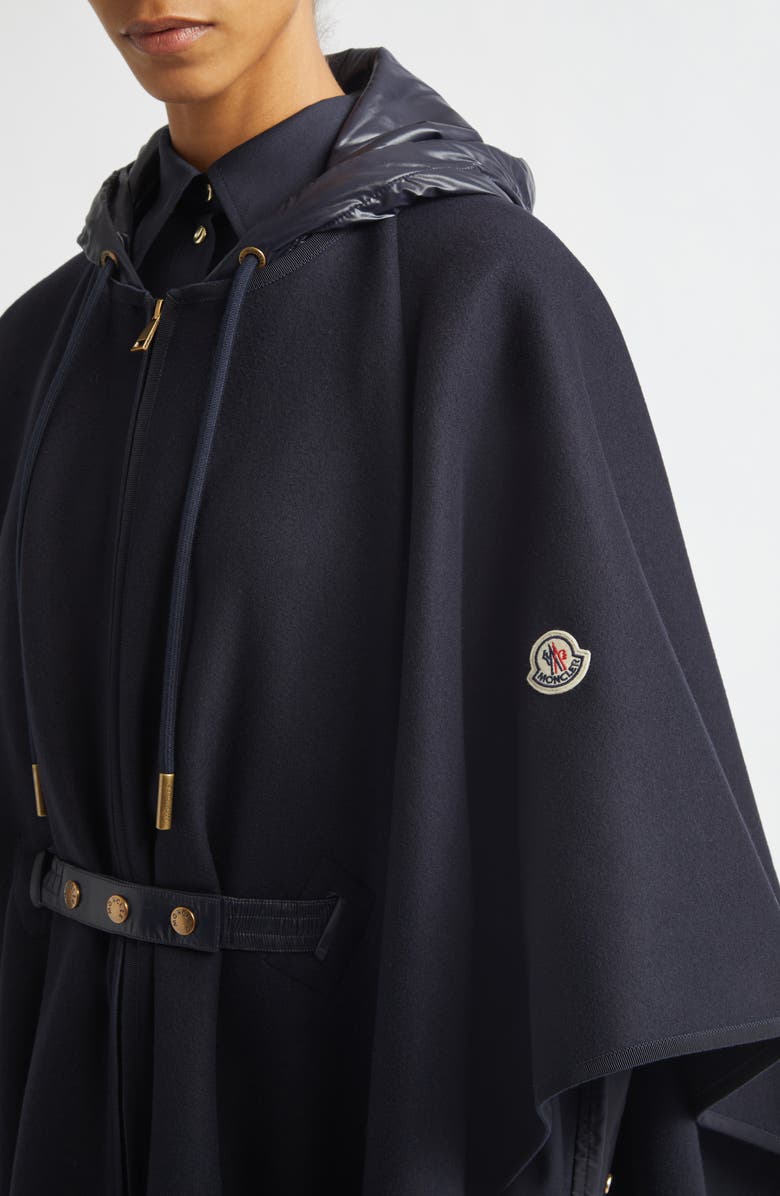 Moncler Zip Padded Wool Blend Hooded Cape, Alternate, color, Blue