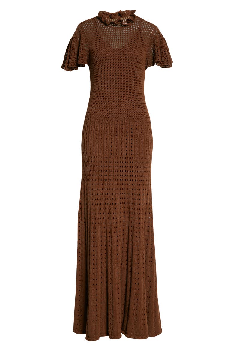Flounce Sleeve Cotton Blend Crochet Maxi Dress, Alternate, color, CHOCOLATE