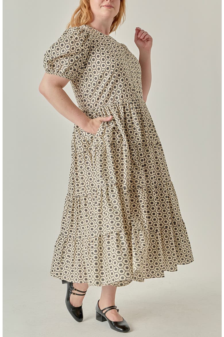 Print Puff Sleeve Midi Dress, Alternate, color, BEIGE/ BLACK