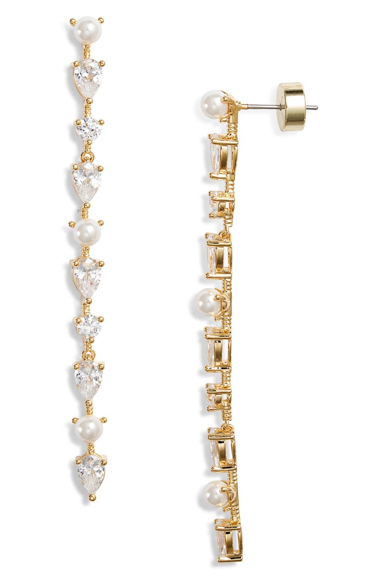 Cubic Zirconia & Faux Pearl Linear Drop Earrings, Main, color, CLEAR- WHITE- GOLD