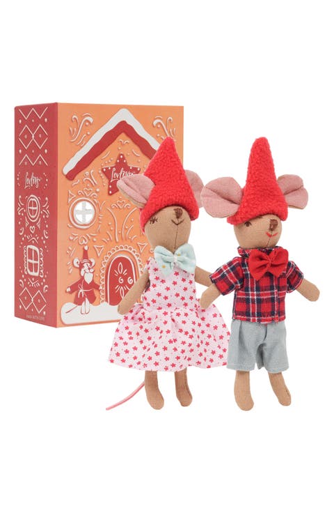 Set of 2 Mice Stuffed Animals in Gingerbread House Box