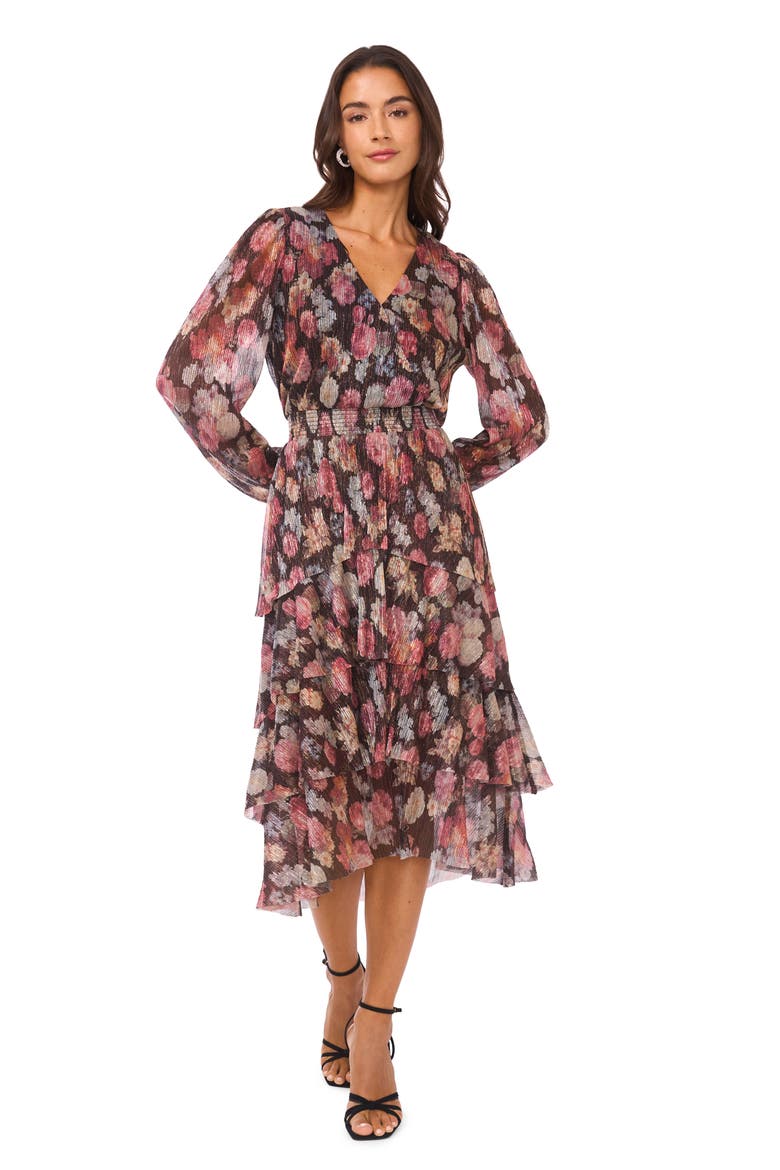 Metallic Floral Long Sleeve Plissé Midi Dress, Alternate, color, RICH BLACK