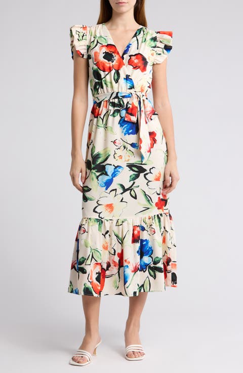 Picasso Floral Ruffle Cap Sleeve Maxi Dress
