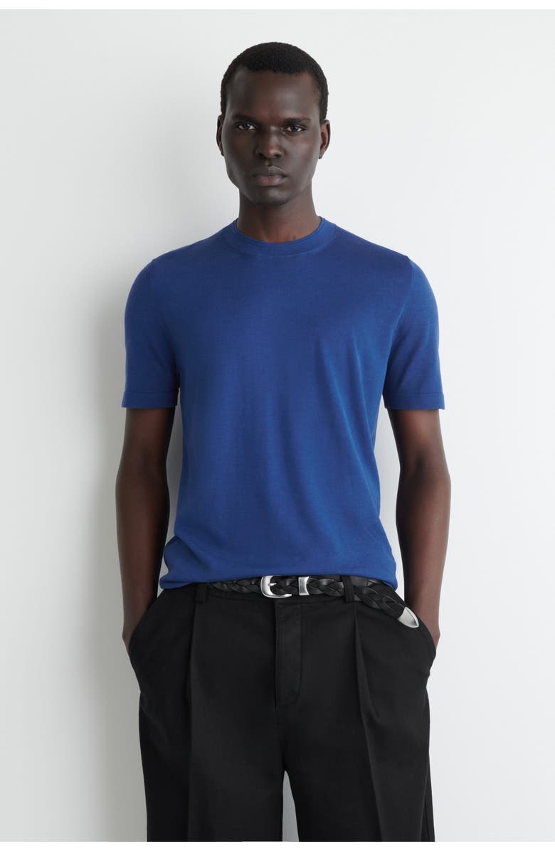 COS Slim Knitted Silk T-Shirt, Main, color, Blue