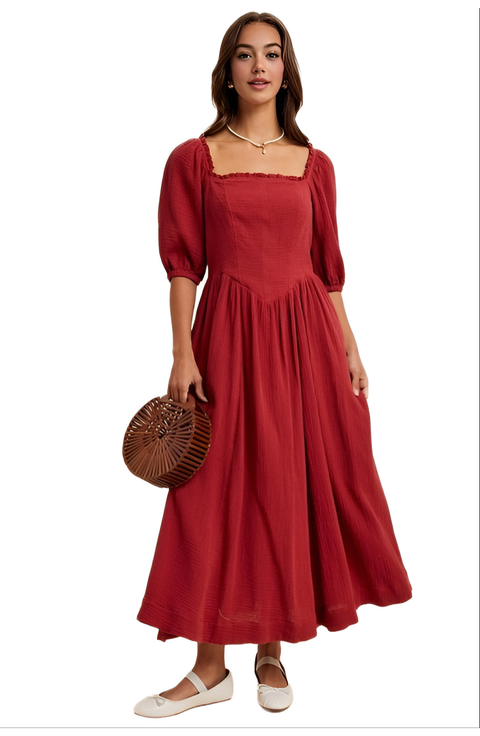 Square-Neck Puff Sleeve Midi Dress