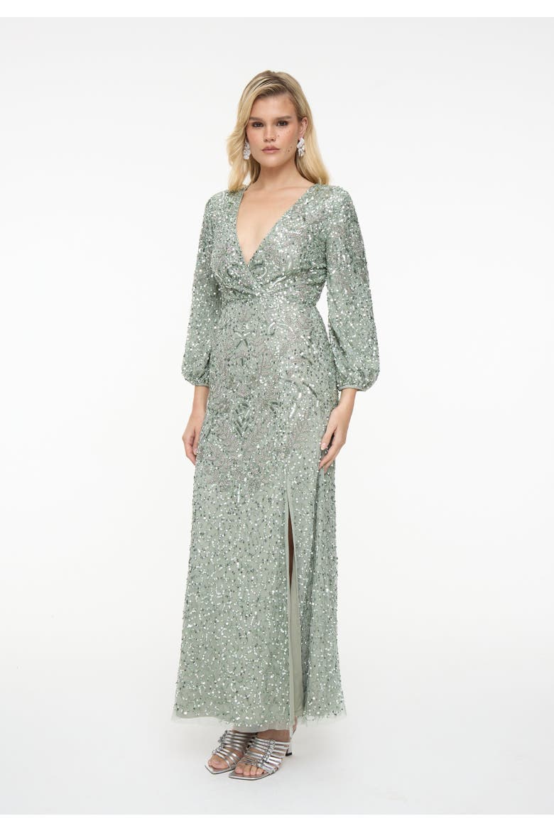 Embellished Sequin Beaded Maxi Dress With Deep V-Neck, Alternate, color, SAGE GREEN