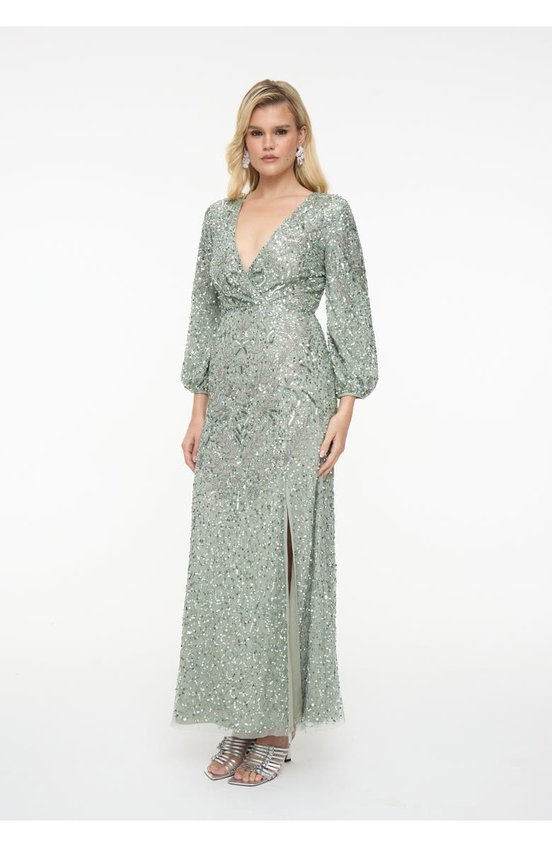 BEAUUT Embellished Sequin Beaded Maxi Dress With Deep V-Neck, Alternate, color, Sage Green