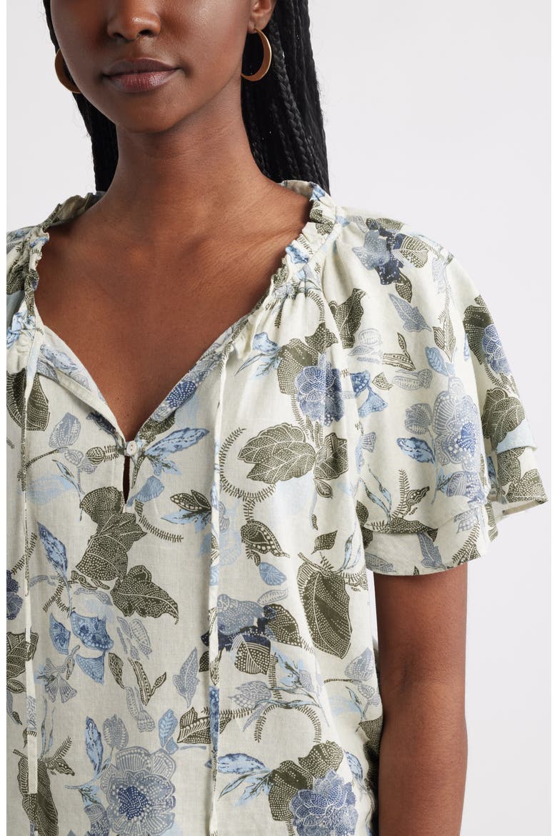 Shirred Botanical Print Linen Blend Top, Alternate, color, IVORY- OLIVE JACOBEAN BLOOM