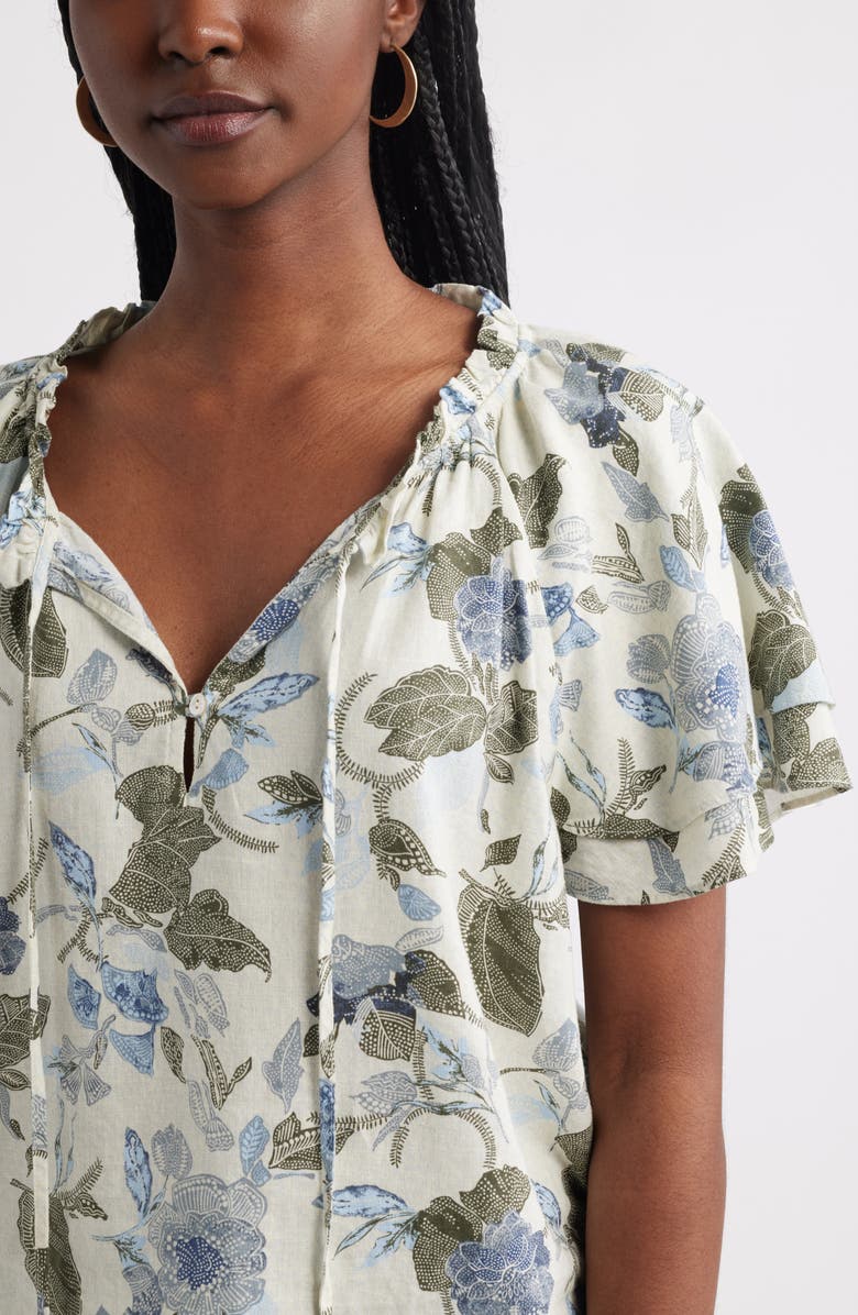 Treasure & Bond Shirred Botanical Print Linen Blend Top, Alternate, color, Ivory- Olive Jacobean Bloom