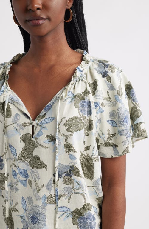 Treasure & Bond Shirred Botanical Print Linen Blend Top