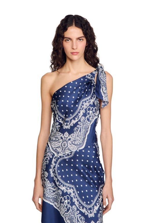 Sandro Womens Bleus Graphic-print One-shoulder Woven Maxi Dress In Blu/white