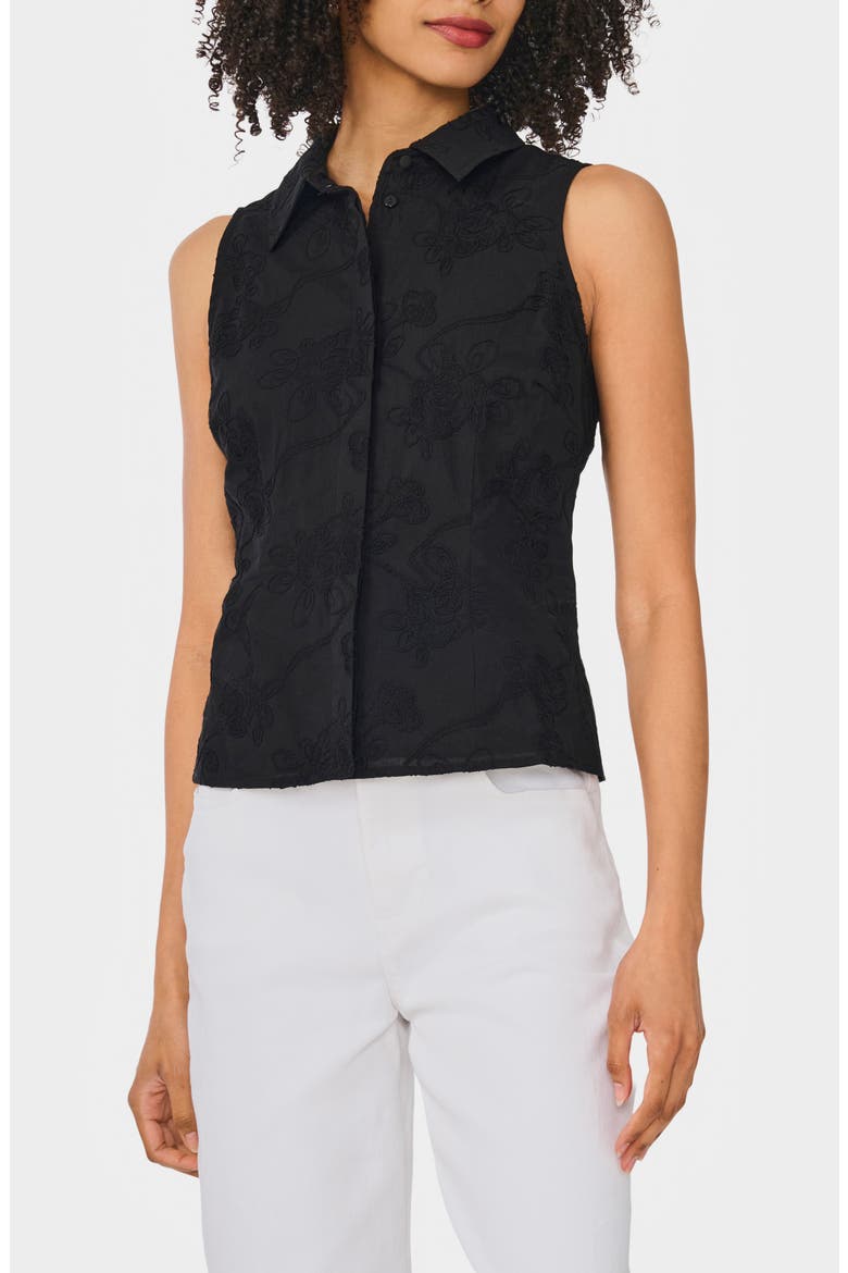 Floral Embroidered Sleeveless Button-Up Shirt, Main, color, RICH BLACK