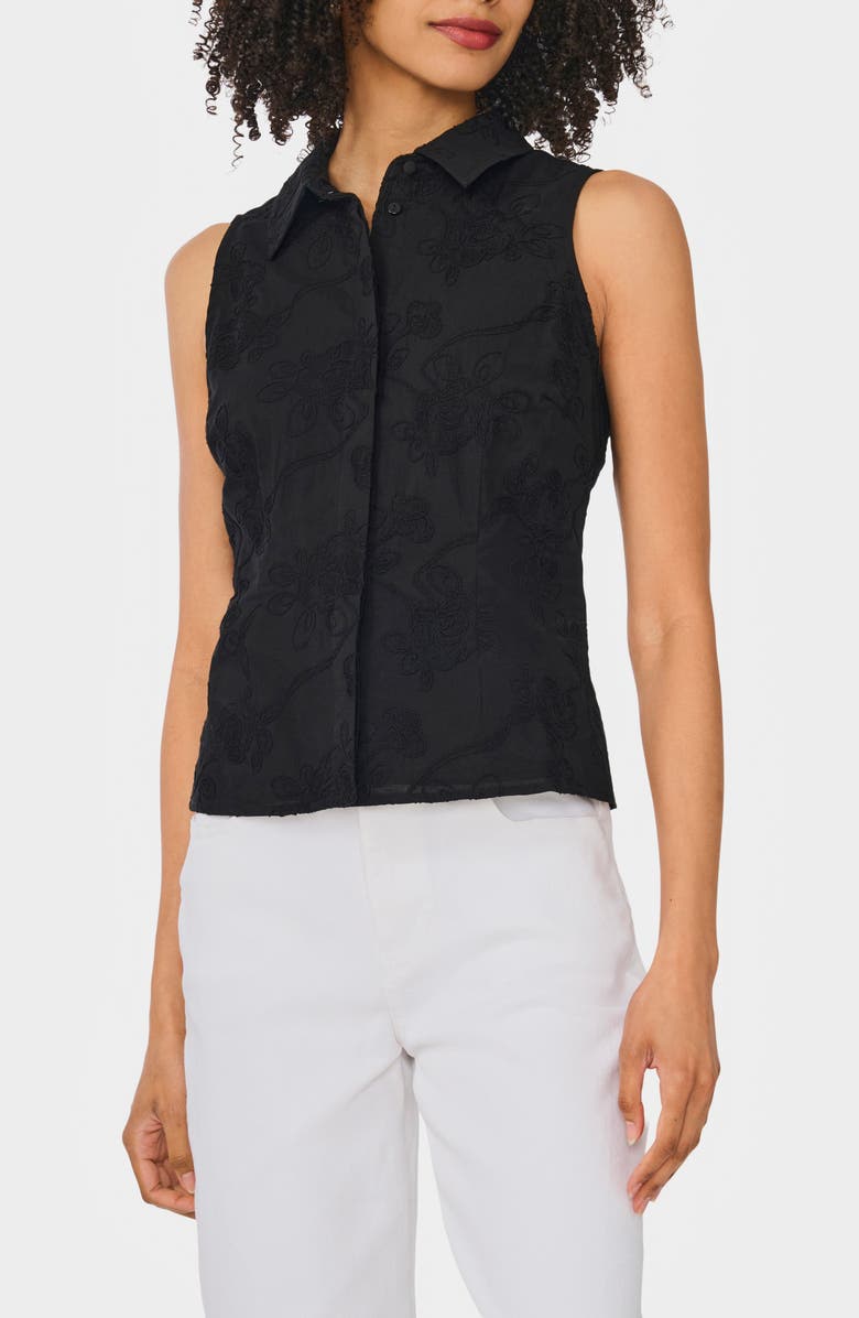 Ted Baker Floral Embroidered Sleeveless Button-Up Shirt, Main, color, Rich Black