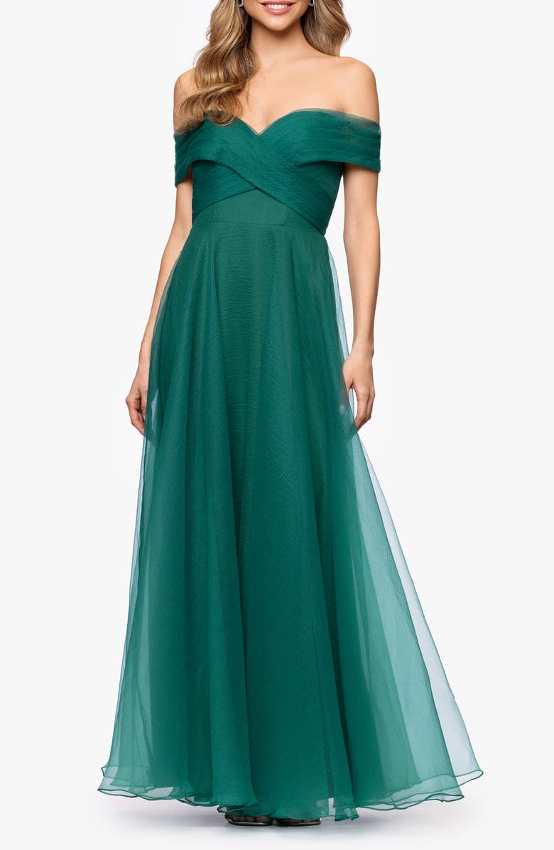 Betsy & Adam Off-the-Shoulder Tulle Gown, Main, color, Green