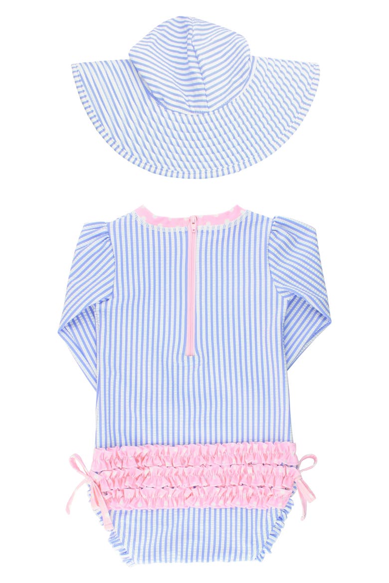 Seersucker One-Piece Rashguard Swimsuit & Hat Set, Alternate, color, BLUE