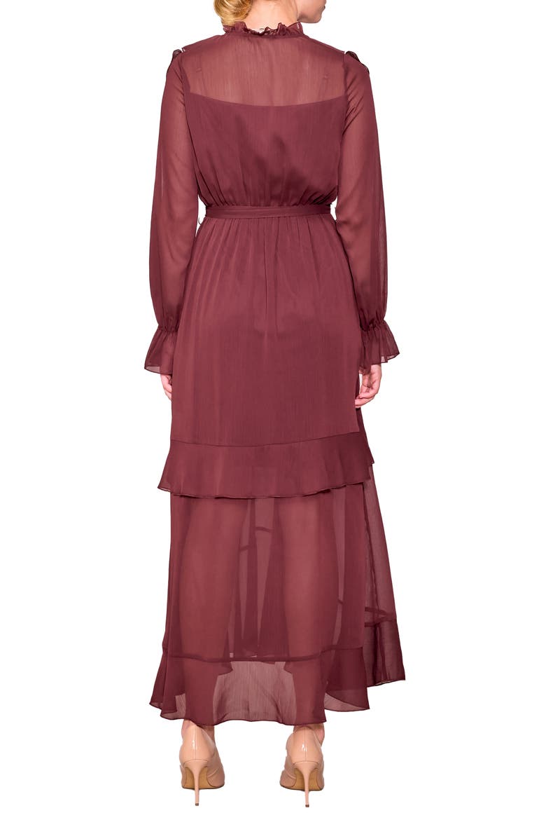 Ruffle Detail Tie Waist Long Sleeve Maxi Dress, Alternate, color, MAROON