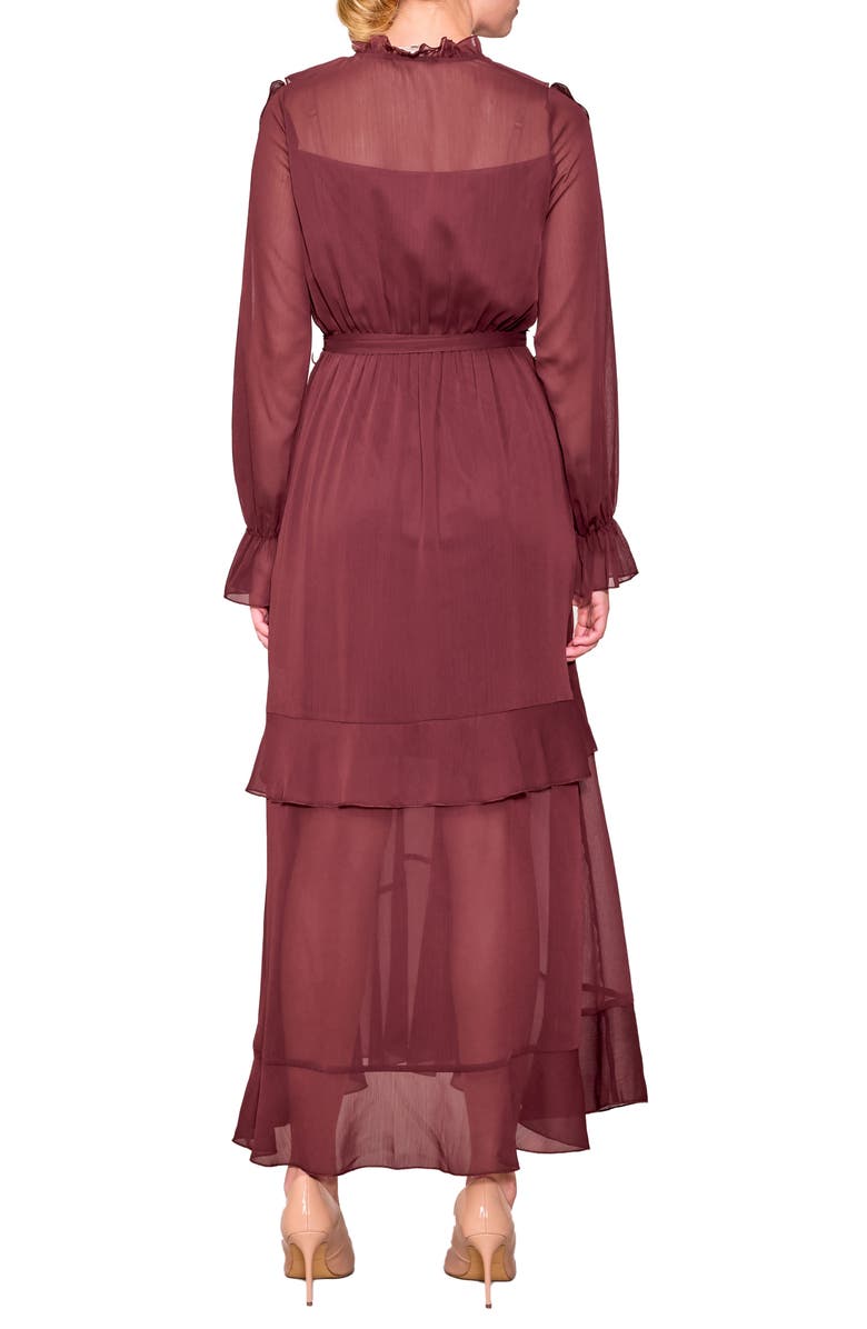 MELLODAY Ruffle Detail Tie Waist Long Sleeve Maxi Dress, Alternate, color, Maroon