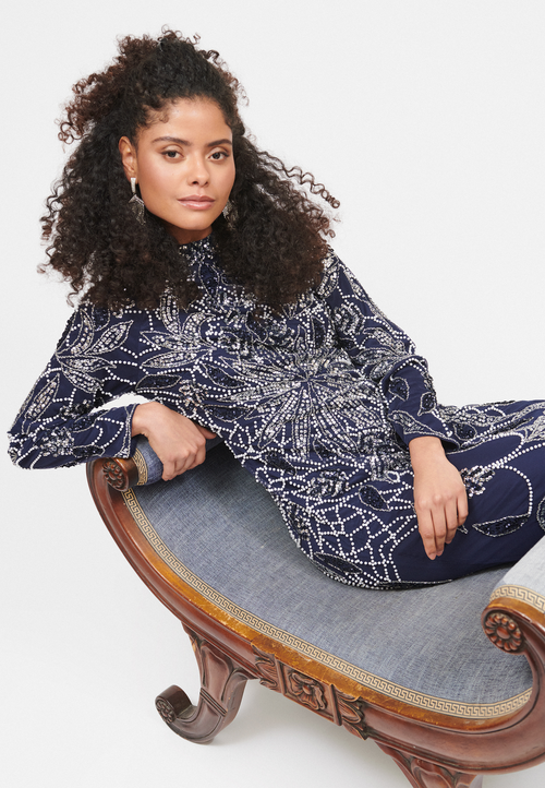 Maryisa Embellished Sequin Beaded A Line With Trail Maxi Dress In Mid Night Blue