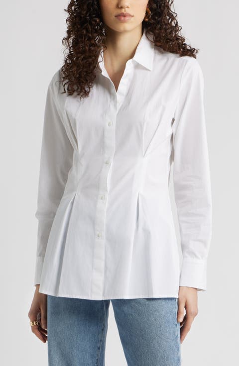 Pleat Waist Cotton Poplin Button-Up Shirt