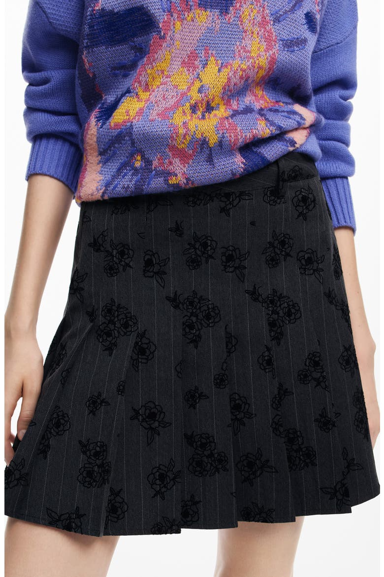 Dalian Tonal Embroidery Pleat Miniskirt, Alternate, color, BLACK