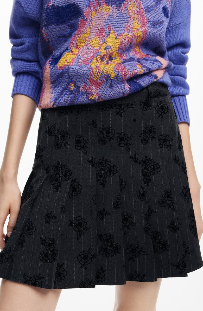 Desigual Dalian Tonal Embroidery Pleat Miniskirt, Alternate, color, Black