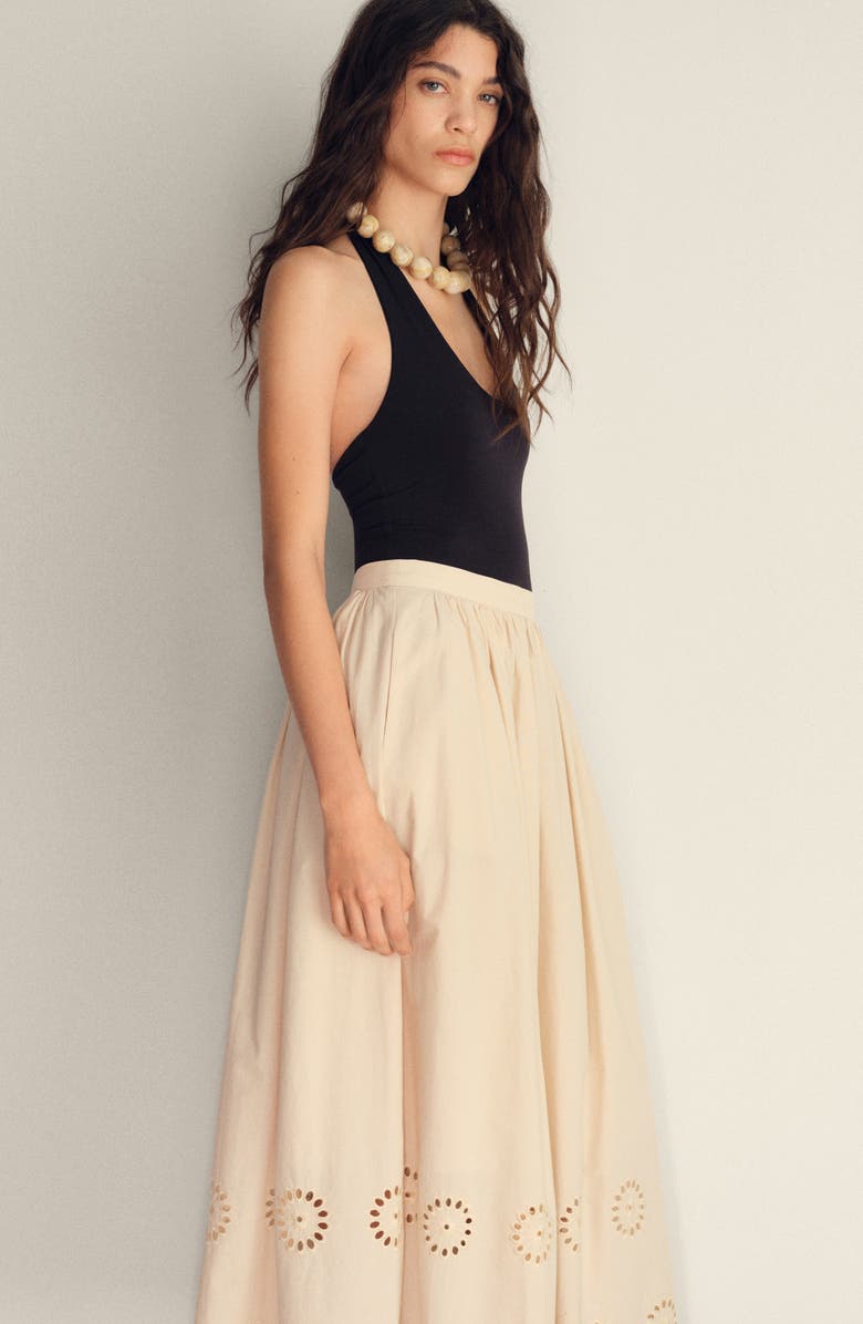 MANGO Eyelet Embroidered Cotton Midi Skirt, Alternate, color, Beige