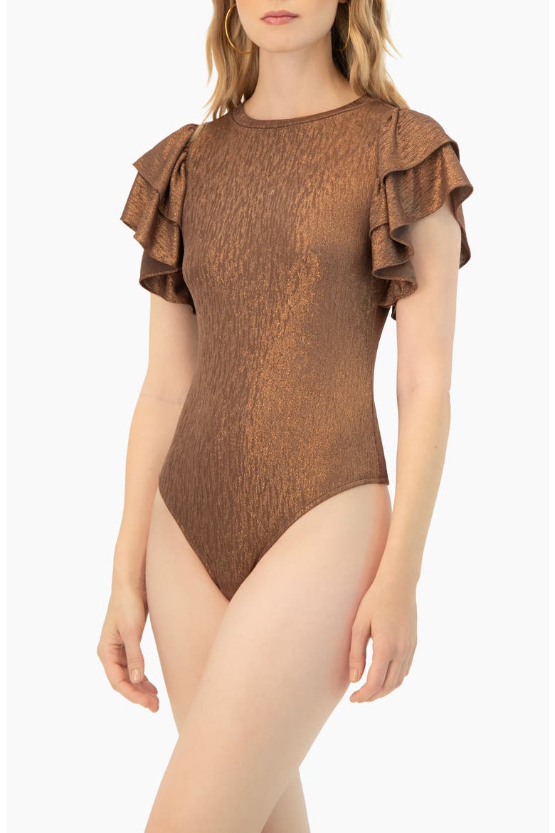 Ruffled Sleeve Round Neck Bodysuit, Alternate, color, Copper
