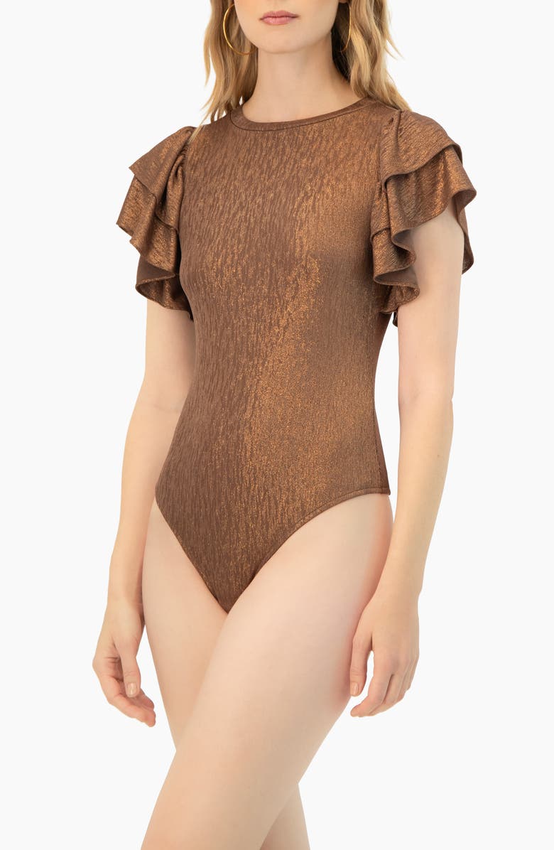 IVONNE Ruffled Sleeve Round Neck Bodysuit, Alternate, color, Copper