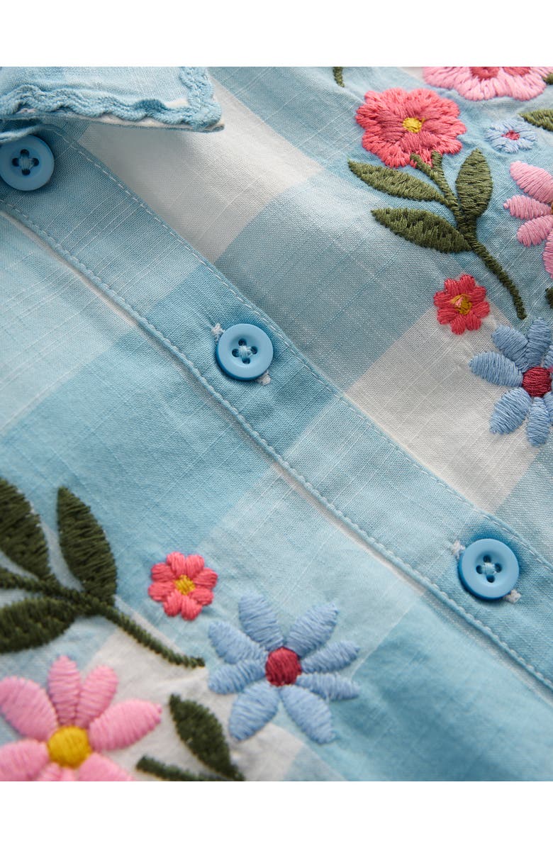 Mini Boden Kids' Floral Embroidered Gingham Button-Up Top, Alternate, color, Blue Gingham