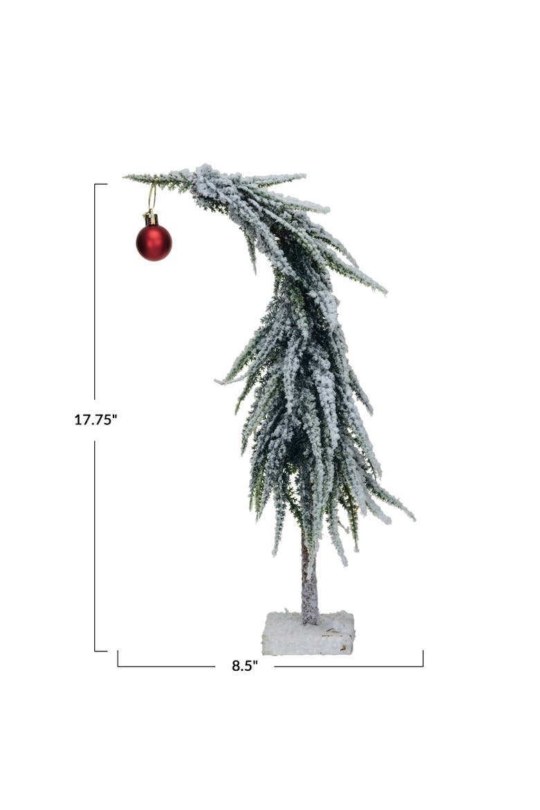 Tall Faux Evergreen Tree with Wood Base and Snow Finish, Green and Red, Alternate, color, Green; Red