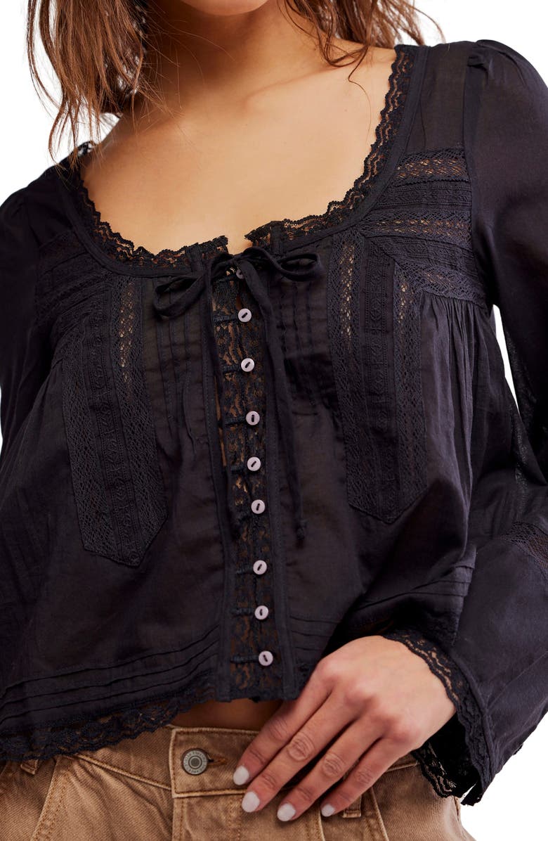Free People Evermore Lace Inset Semisheer Cotton Top, Alternate, color, Black