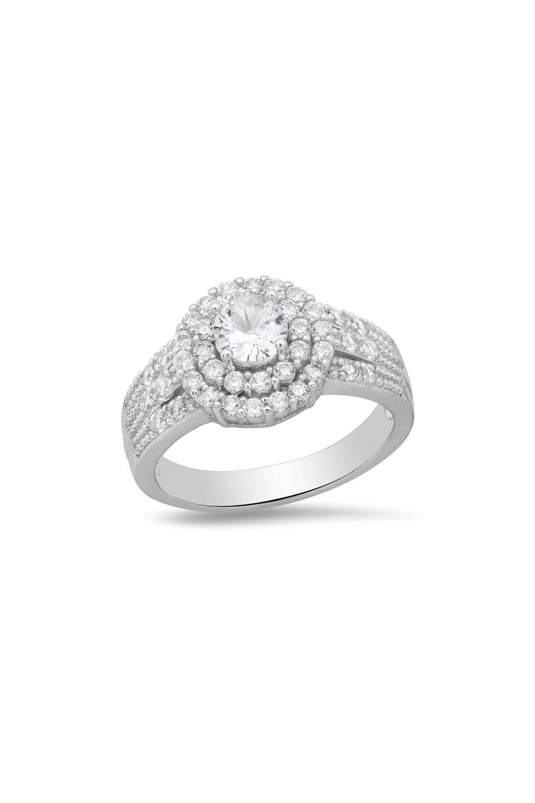 18k White Gold Plated Double Halo Ring, Main, color, SILVER
