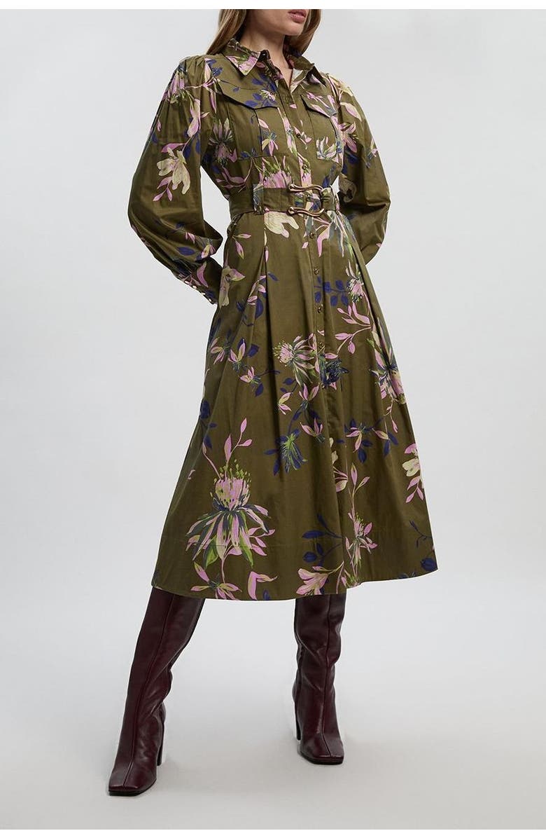 Karen Millen Floral Cotton Sateen Midi Shirt Dress, Alternate, color, Khaki
